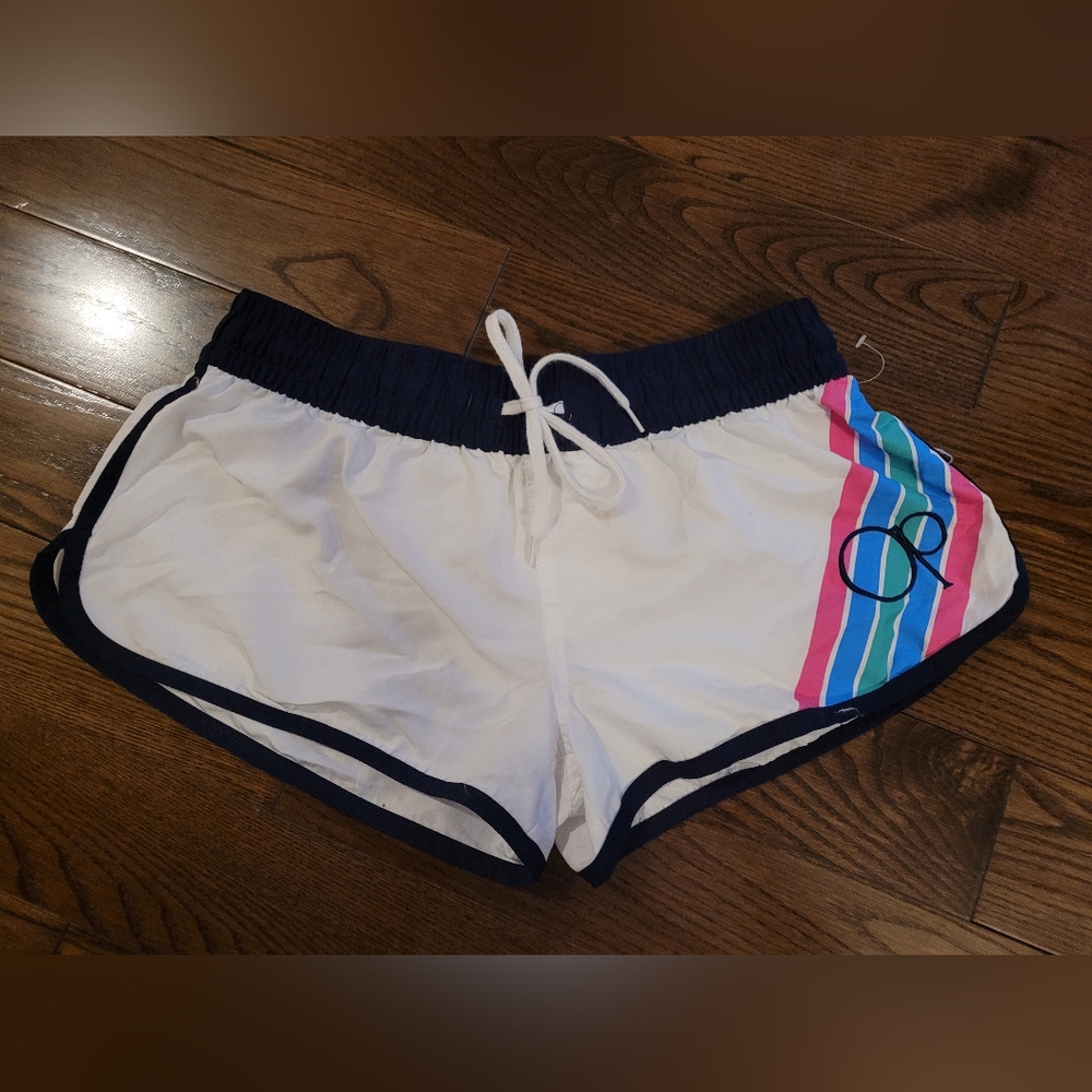 NWT Female White/Blue Athletic Shorts W 1 Zipped Pocket In Back